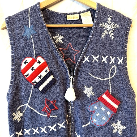 Vintage Bobbie Brooks Holiday Christmas Sweater Vest Women Small Blue Zip Mitten - Picture 2 of 16